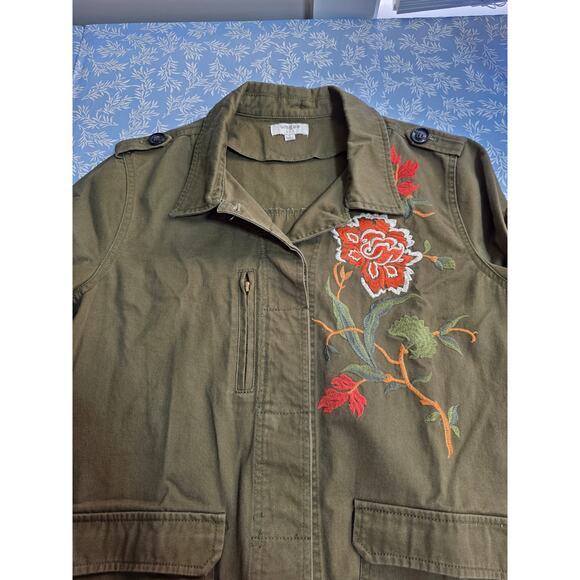 Umgee Womens Sz L Olive Green Floral Embroidered Pockets Barn Chore Coat - Picture 11 of 12